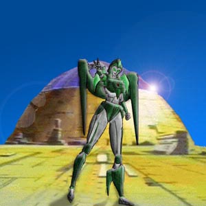 Whiz in front of Iacon.  The background is an altered image from the TV series, while the character is hand drawn.  There is a more complex version of this one, which I will put up eventually.